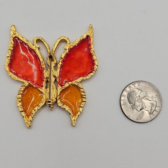 Vtg Red Amber Butterfly Brooch Pin Resin Wings Gold Tone Stained Glass Style - Picture 5 of 8